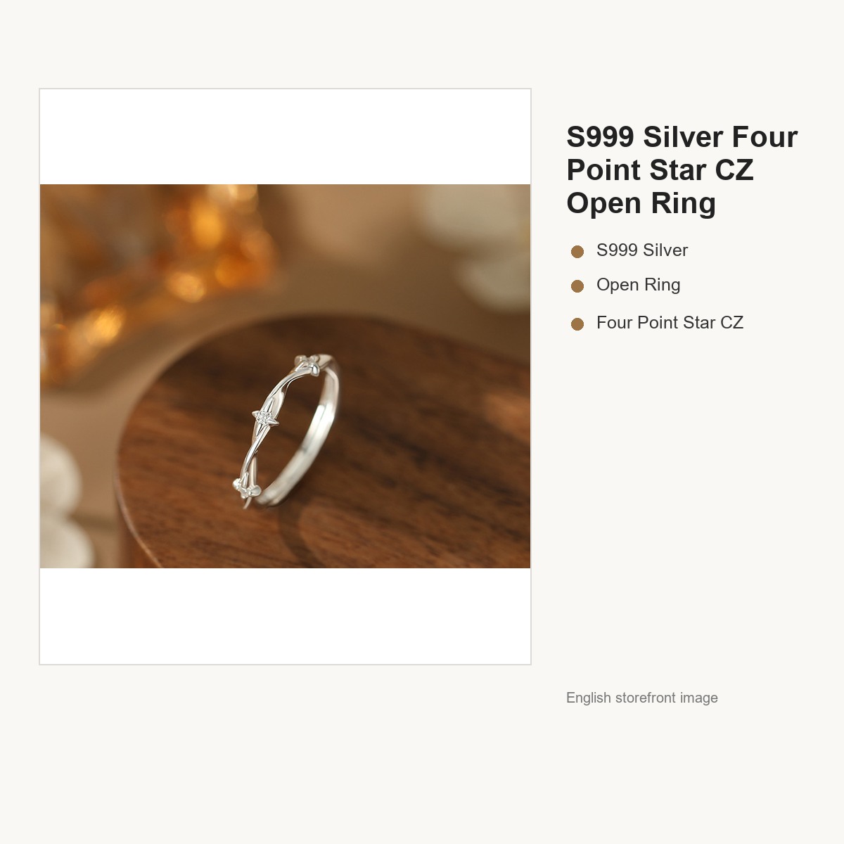 S999 Silver Four Point Star CZ Open Ring for Women gallery image 1