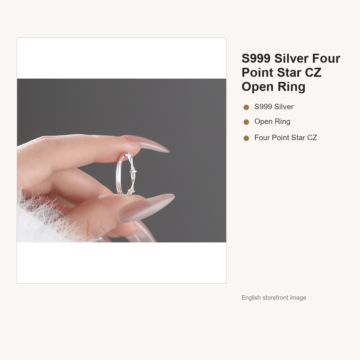 S999 Silver Four Point Star CZ Open Ring for Women gallery image 2