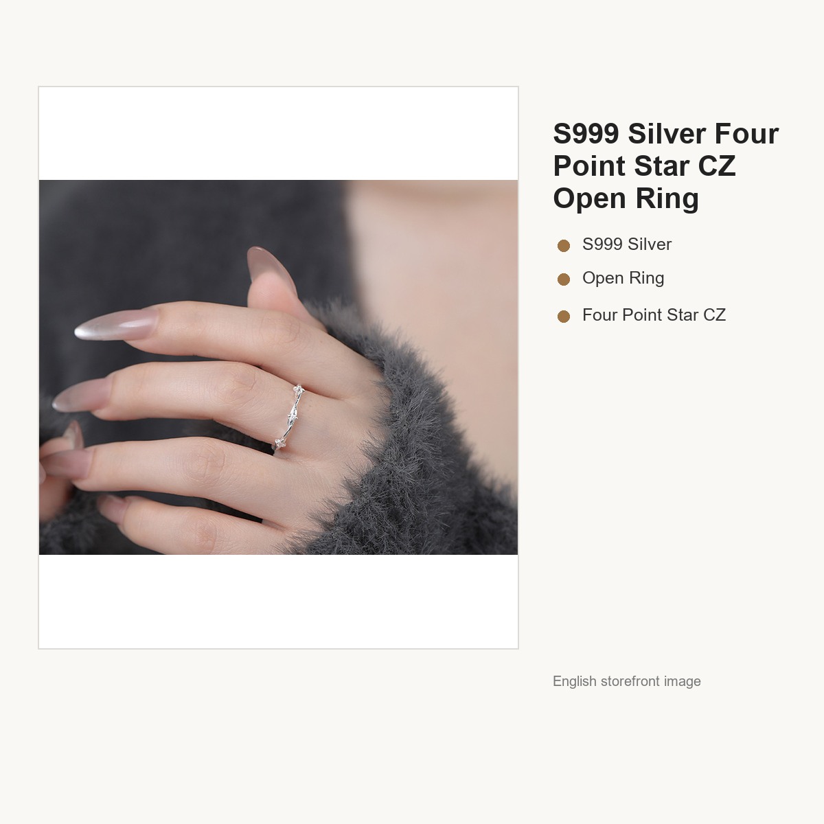 S999 Silver Four Point Star CZ Open Ring for Women gallery image 3