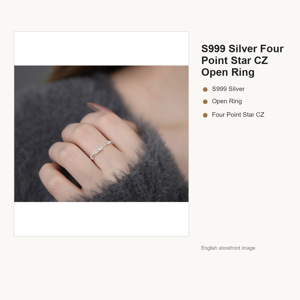 S999 Silver Four Point Star CZ Open Ring for Women gallery image 4