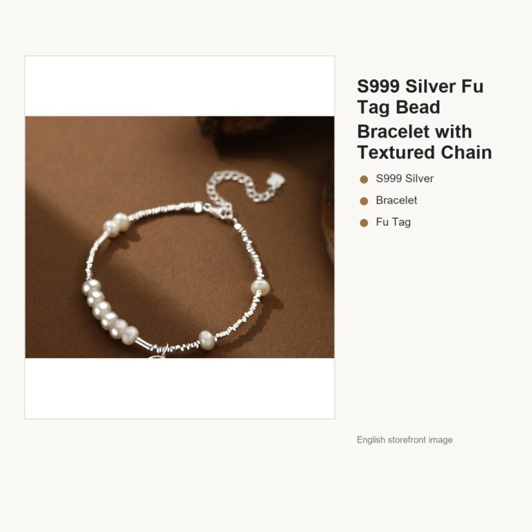 S999 Silver Fu Tag Bead Bracelet with Textured Chain gallery image 1