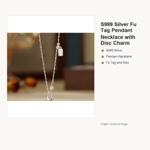 S999 Silver Fu Tag Pendant Necklace with Disc Charm gallery image 1