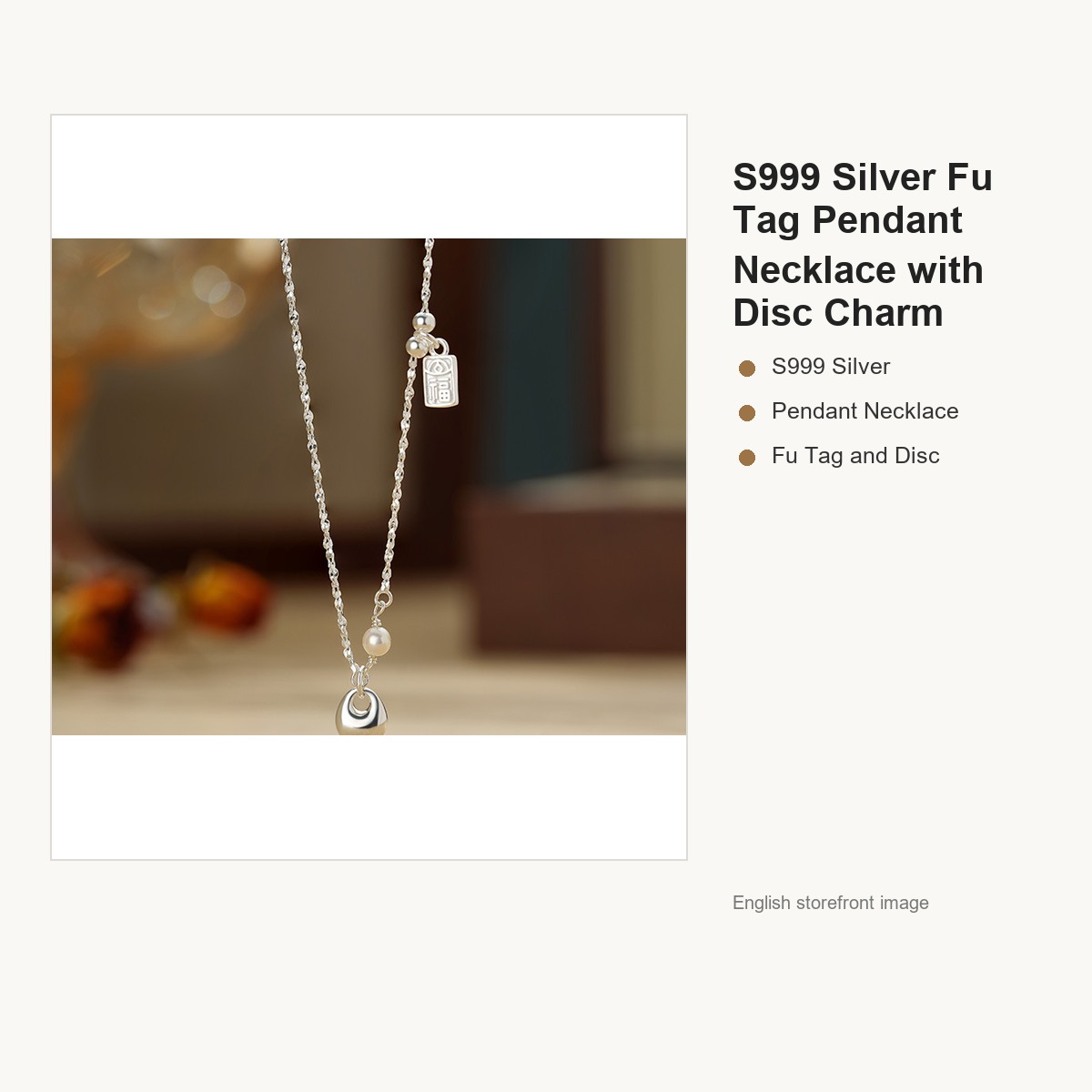 S999 Silver Fu Tag Pendant Necklace with Disc Charm gallery image 1