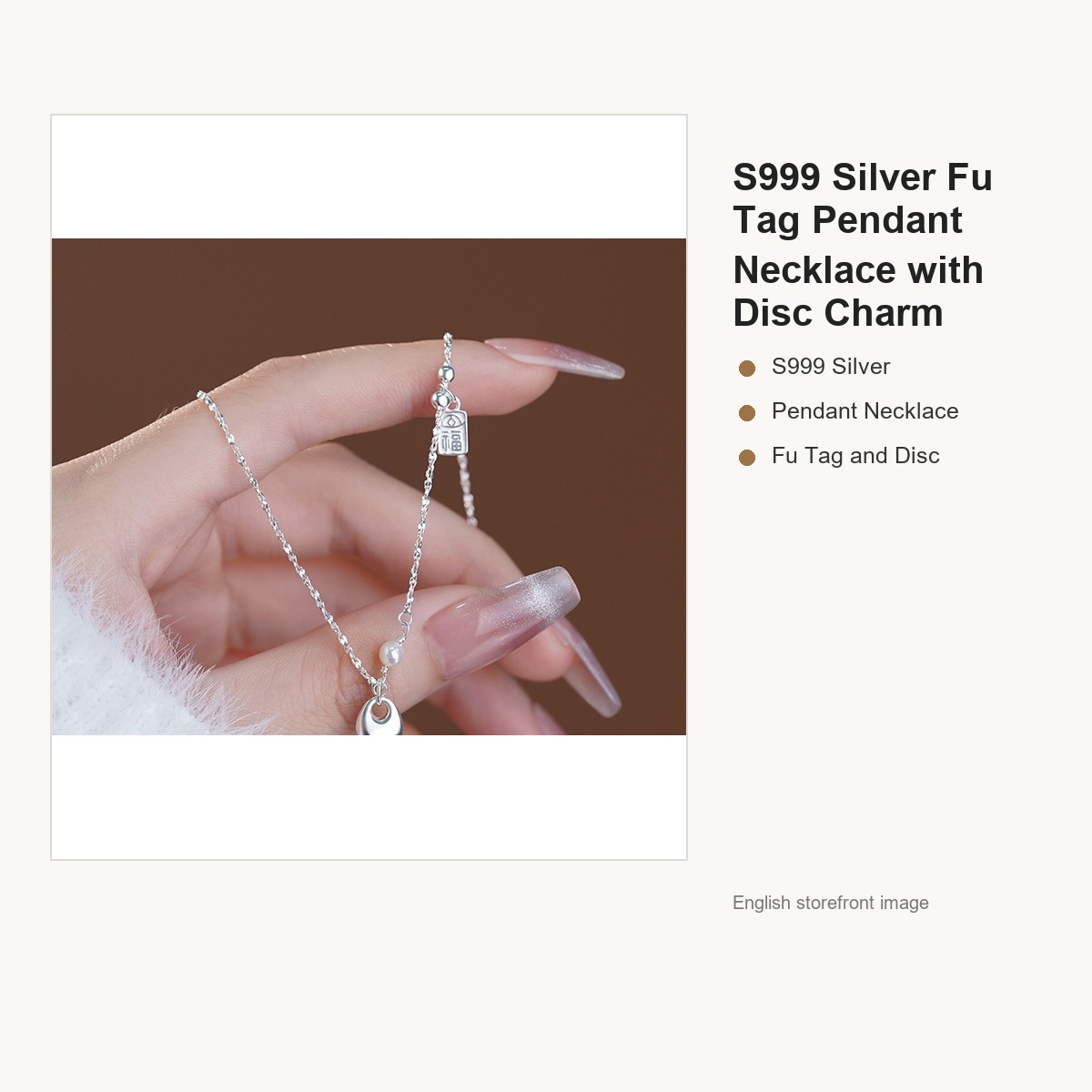 S999 Silver Fu Tag Pendant Necklace with Disc Charm gallery image 2