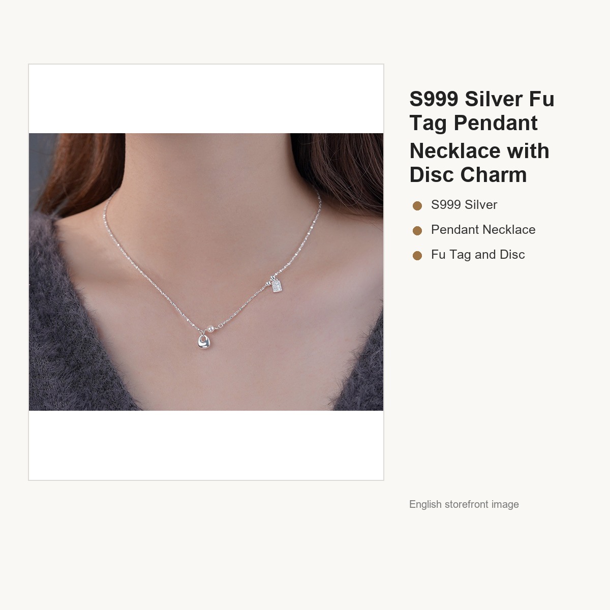 S999 Silver Fu Tag Pendant Necklace with Disc Charm gallery image 3