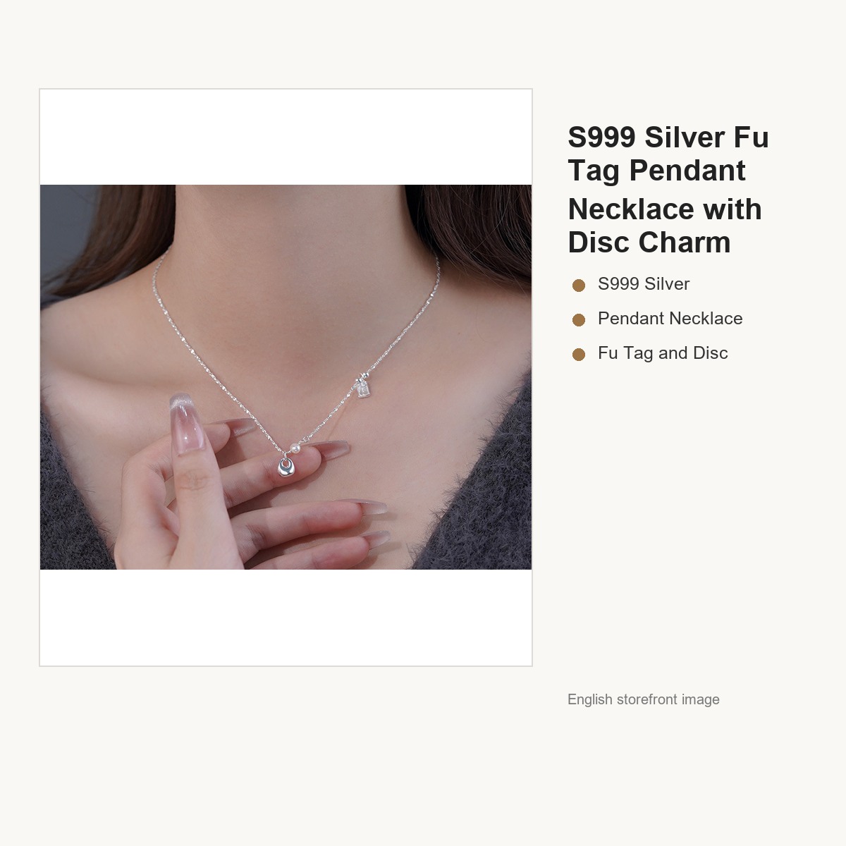 S999 Silver Fu Tag Pendant Necklace with Disc Charm gallery image 4