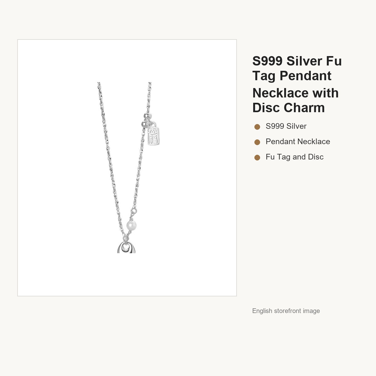 S999 Silver Fu Tag Pendant Necklace with Disc Charm gallery image 5