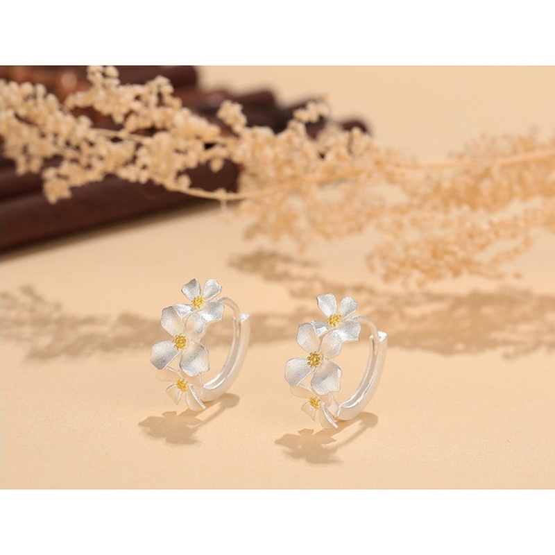 S999 Silver Gardenia Flower Huggie Hoop Earrings for Women clean product image 1