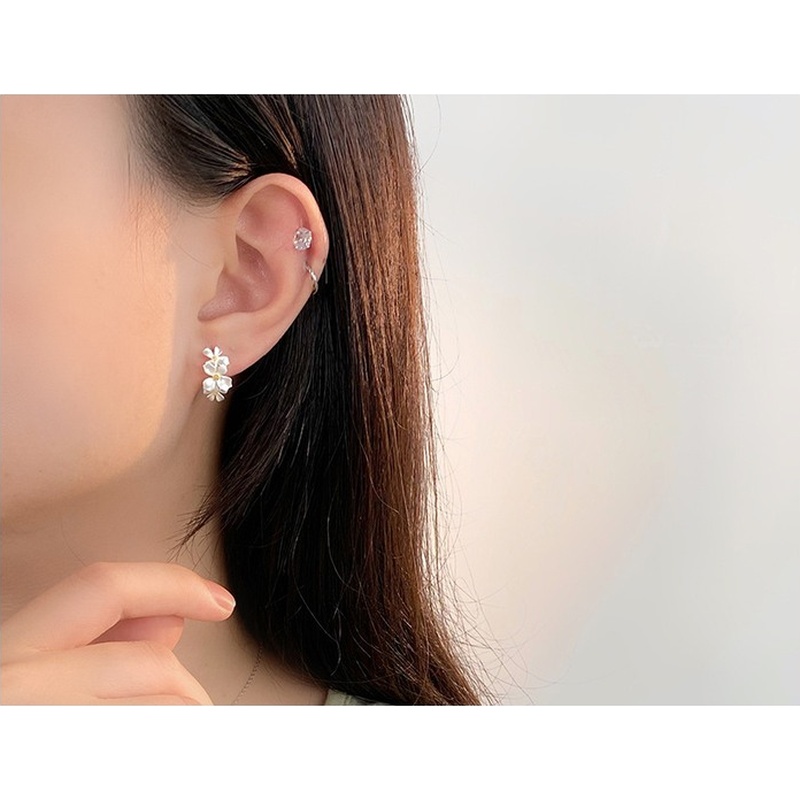 S999 Silver Gardenia Flower Huggie Hoop Earrings for Women clean product image 4