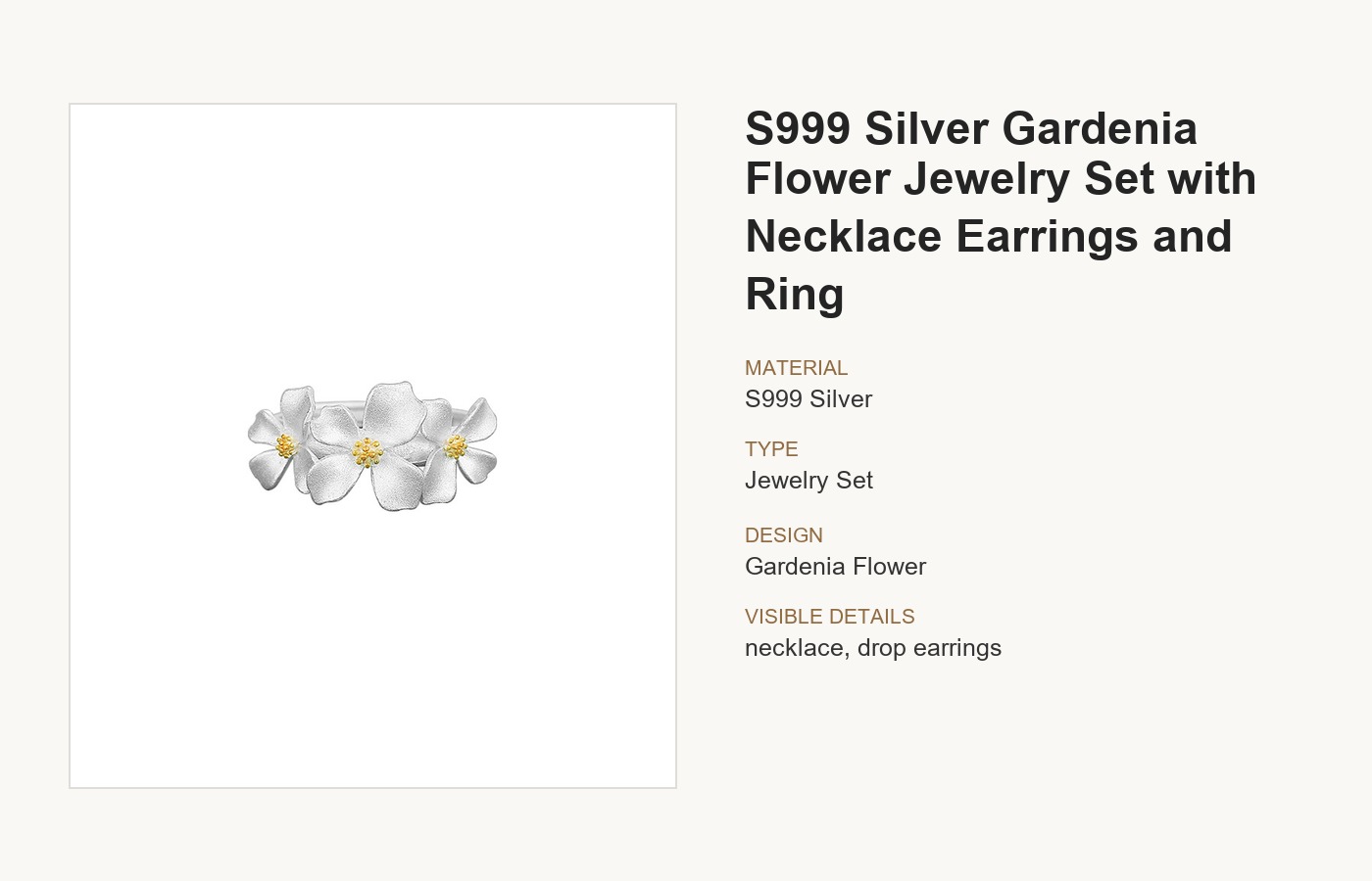S999 Silver Gardenia Flower Jewelry Set with Necklace Earrings and Ring detail image