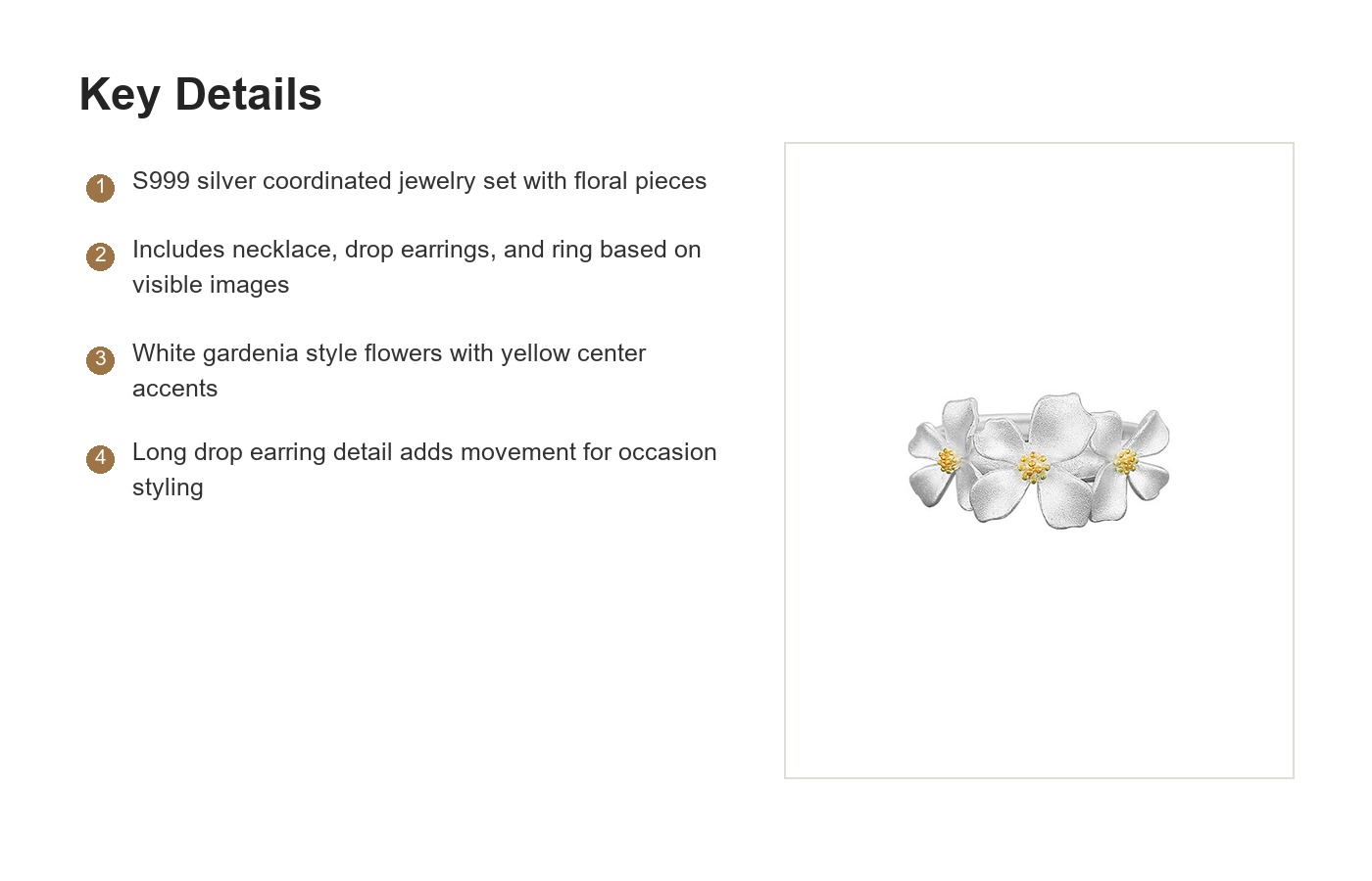 S999 Silver Gardenia Flower Jewelry Set with Necklace Earrings and Ring detail image