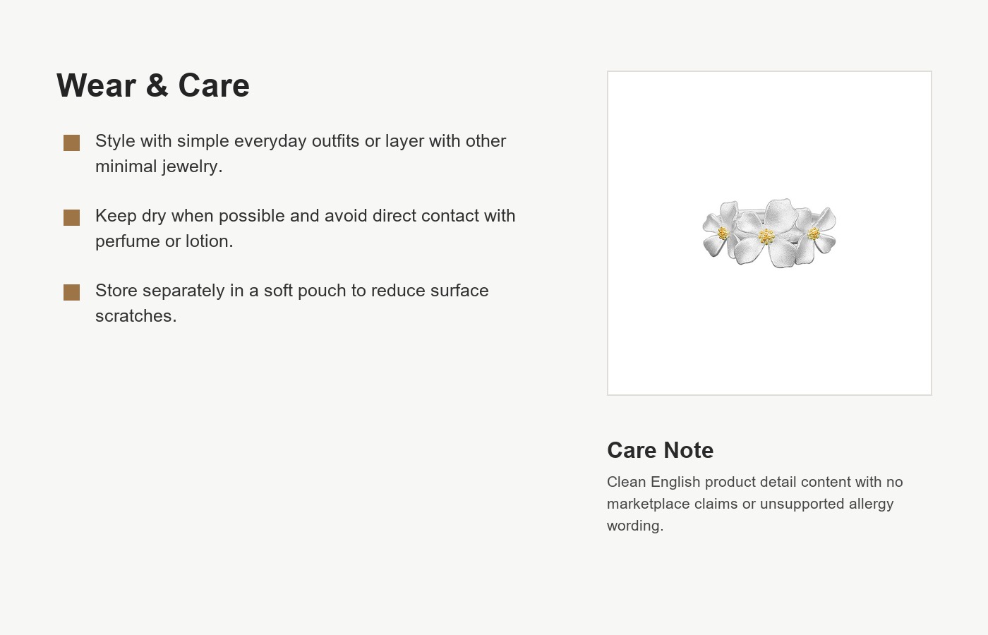 S999 Silver Gardenia Flower Jewelry Set with Necklace Earrings and Ring detail image