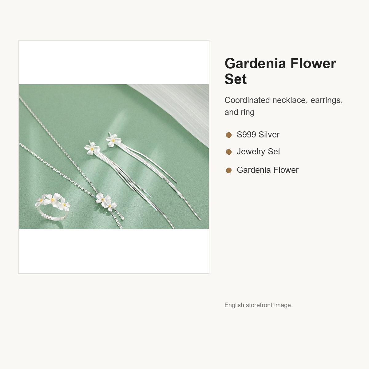 S999 Silver Gardenia Flower Jewelry Set with Necklace Earrings and Ring English replacement gallery image 1