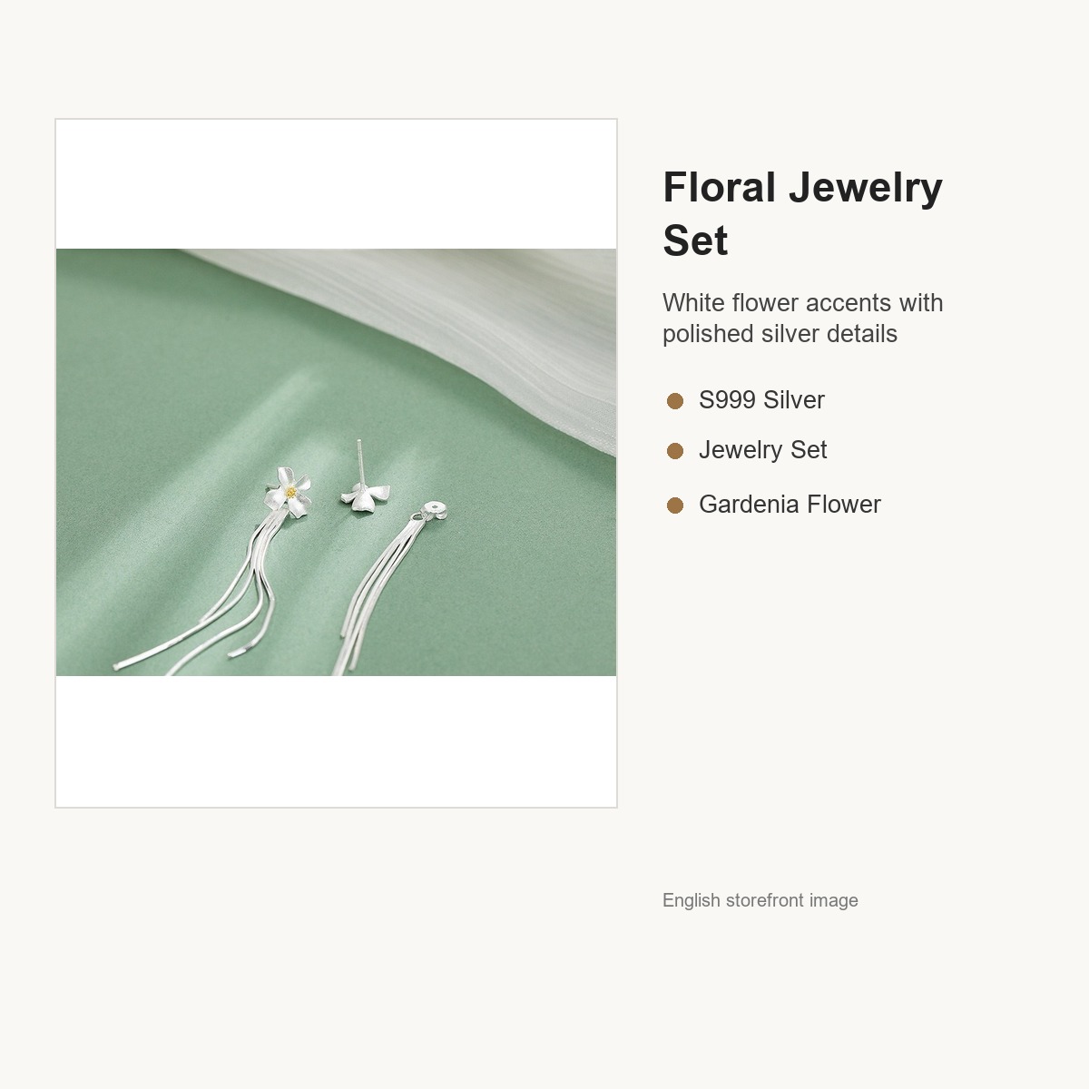 S999 Silver Gardenia Flower Jewelry Set with Necklace Earrings and Ring English replacement gallery image 2