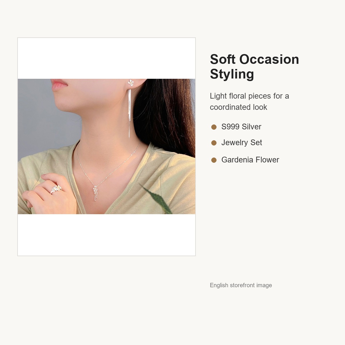S999 Silver Gardenia Flower Jewelry Set with Necklace Earrings and Ring English replacement gallery image 3