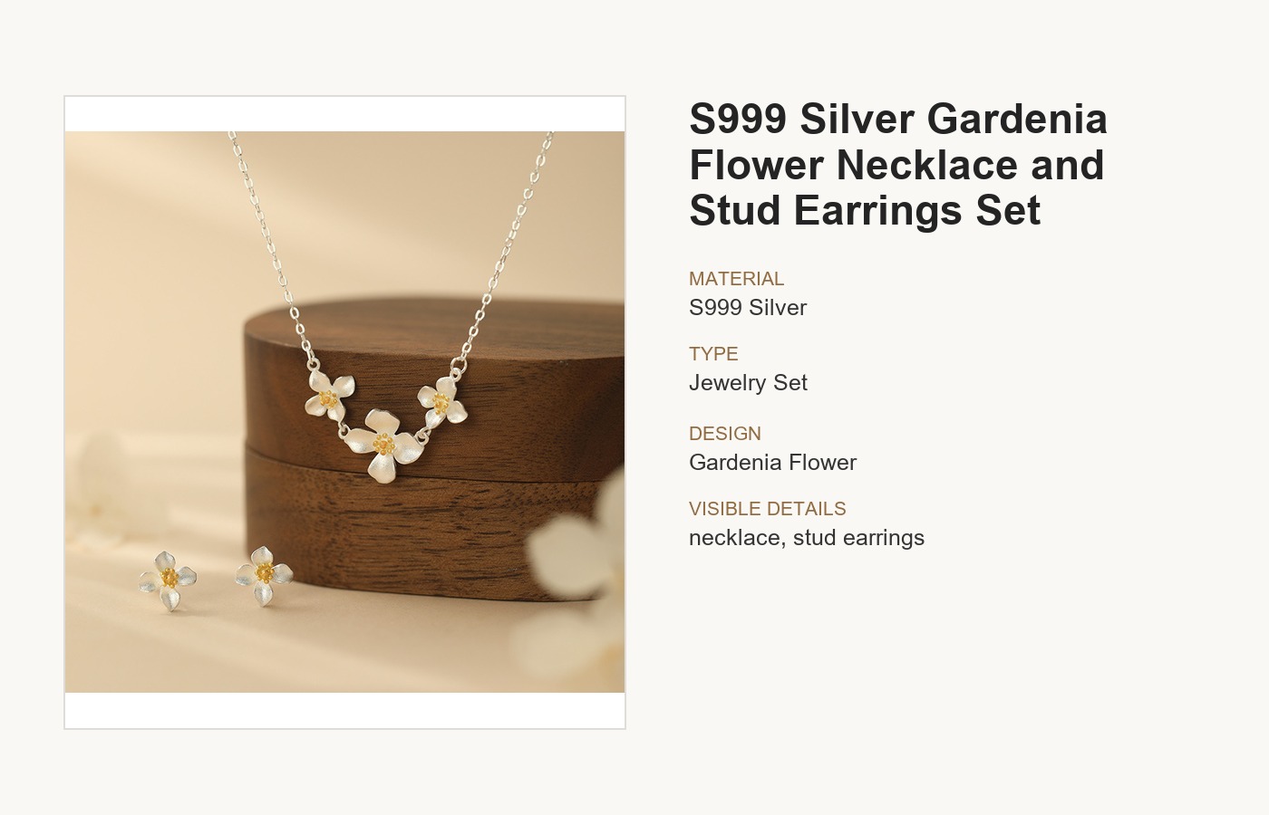 S999 Silver Gardenia Flower Necklace and Stud Earrings Set for Women detail image