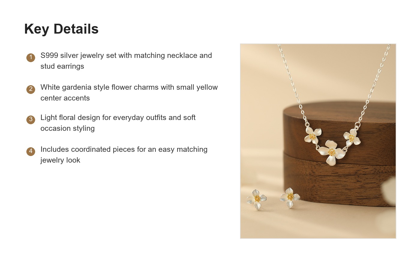 S999 Silver Gardenia Flower Necklace and Stud Earrings Set for Women detail image