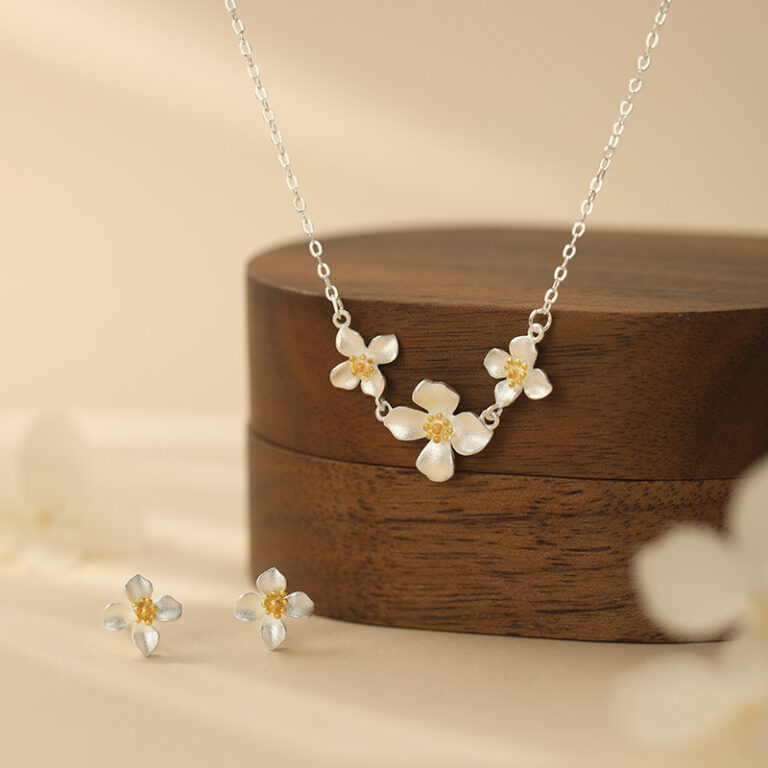 S999 Silver Gardenia Flower Necklace and Stud Earrings Set for Women main product image 1