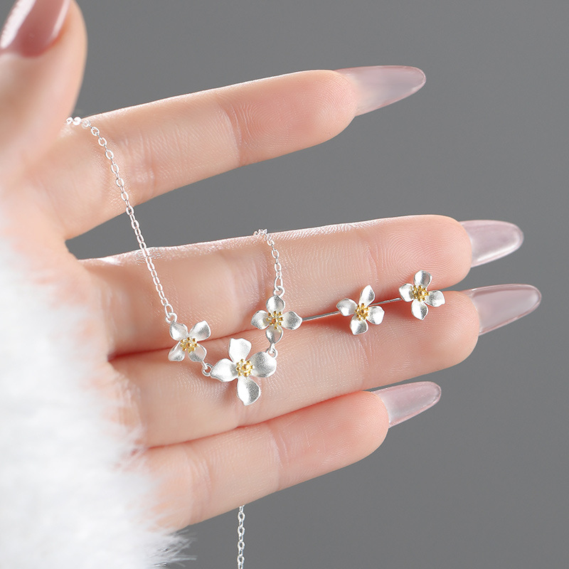 S999 Silver Gardenia Flower Necklace and Stud Earrings Set for Women main product image 2