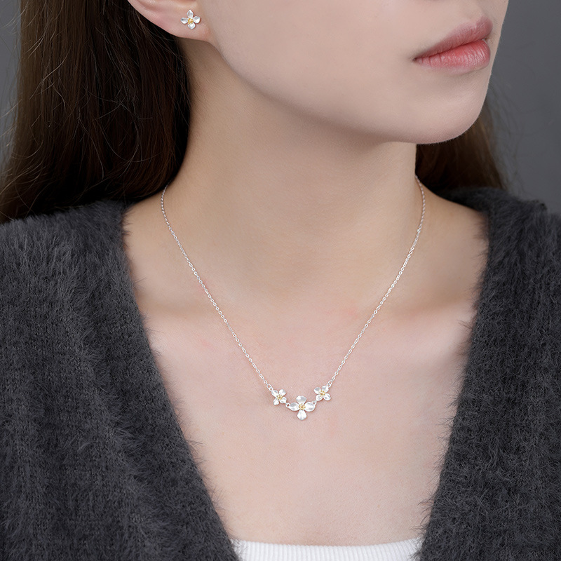 S999 Silver Gardenia Flower Necklace and Stud Earrings Set for Women main product image 3