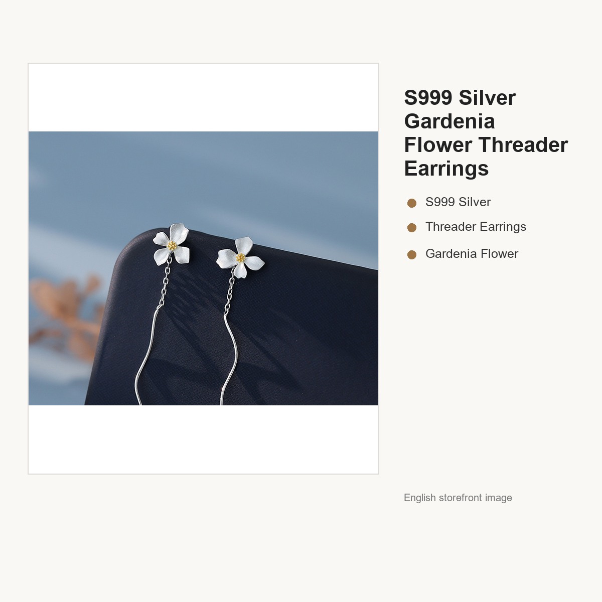 S999 Silver Gardenia Flower Threader Earrings for Women gallery image 1