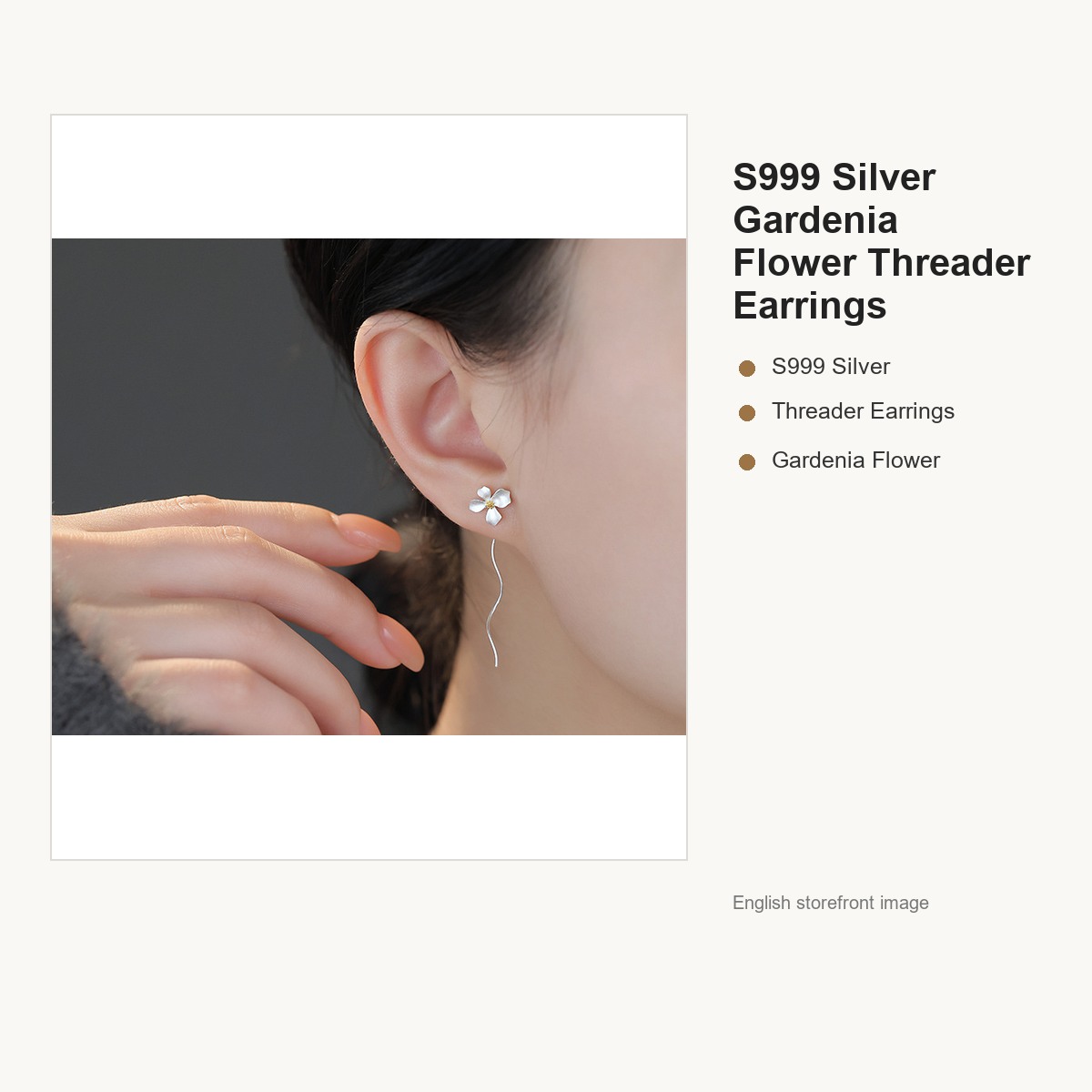 S999 Silver Gardenia Flower Threader Earrings for Women gallery image 4