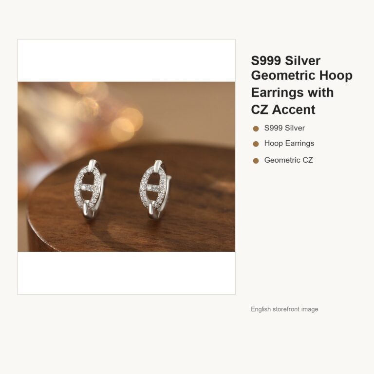 S999 Silver Geometric Hoop Earrings with CZ Accent gallery image 1