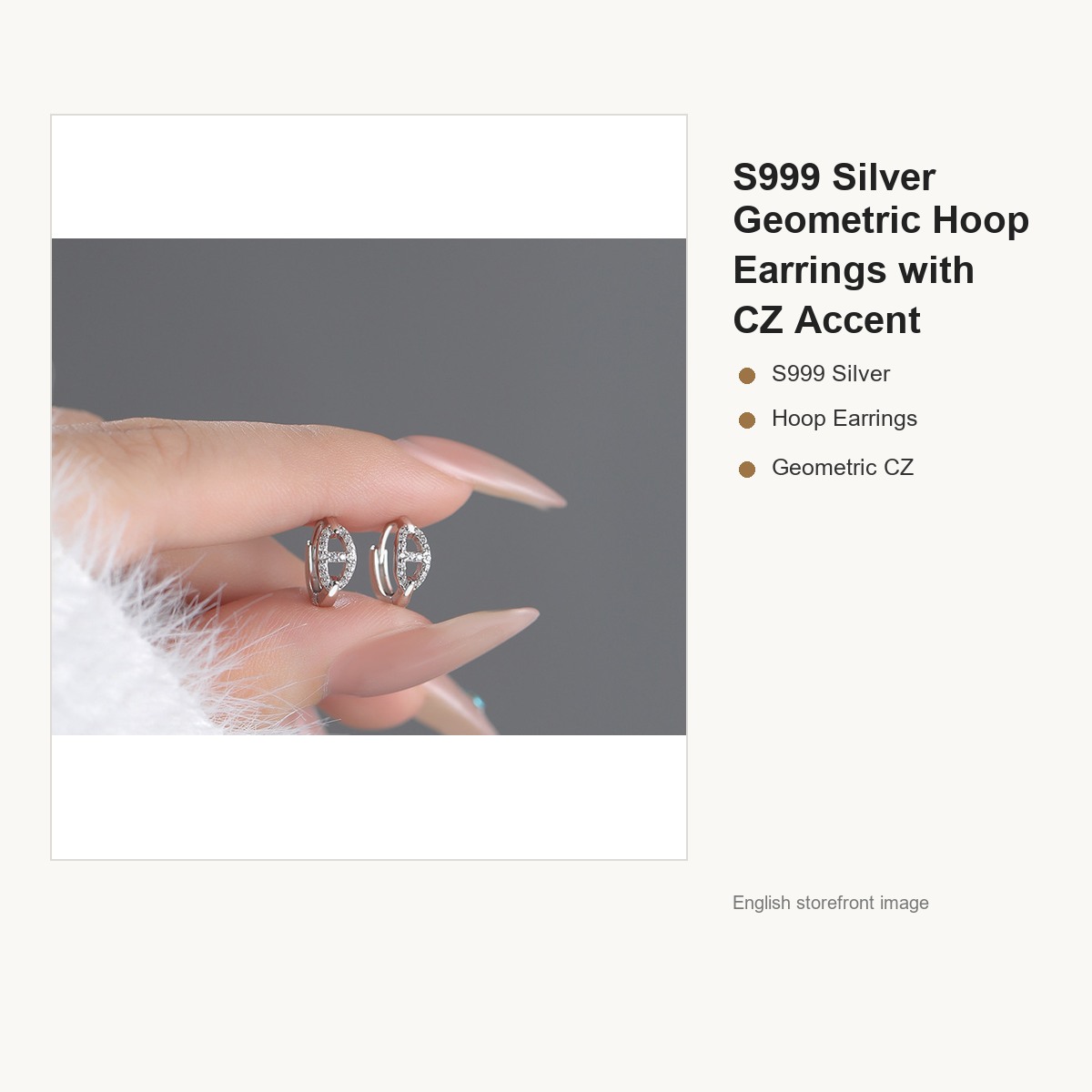 S999 Silver Geometric Hoop Earrings with CZ Accent gallery image 2