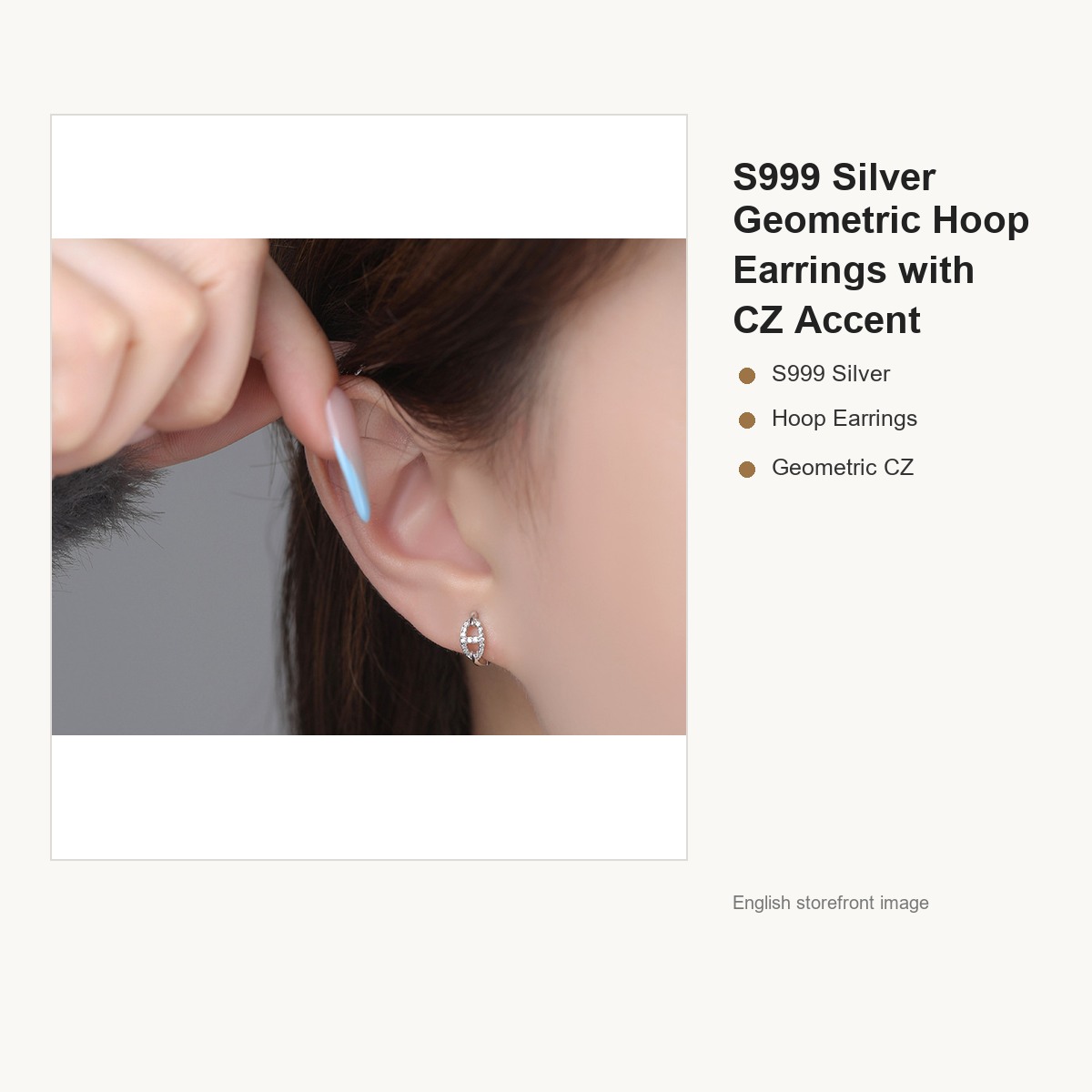 S999 Silver Geometric Hoop Earrings with CZ Accent gallery image 4