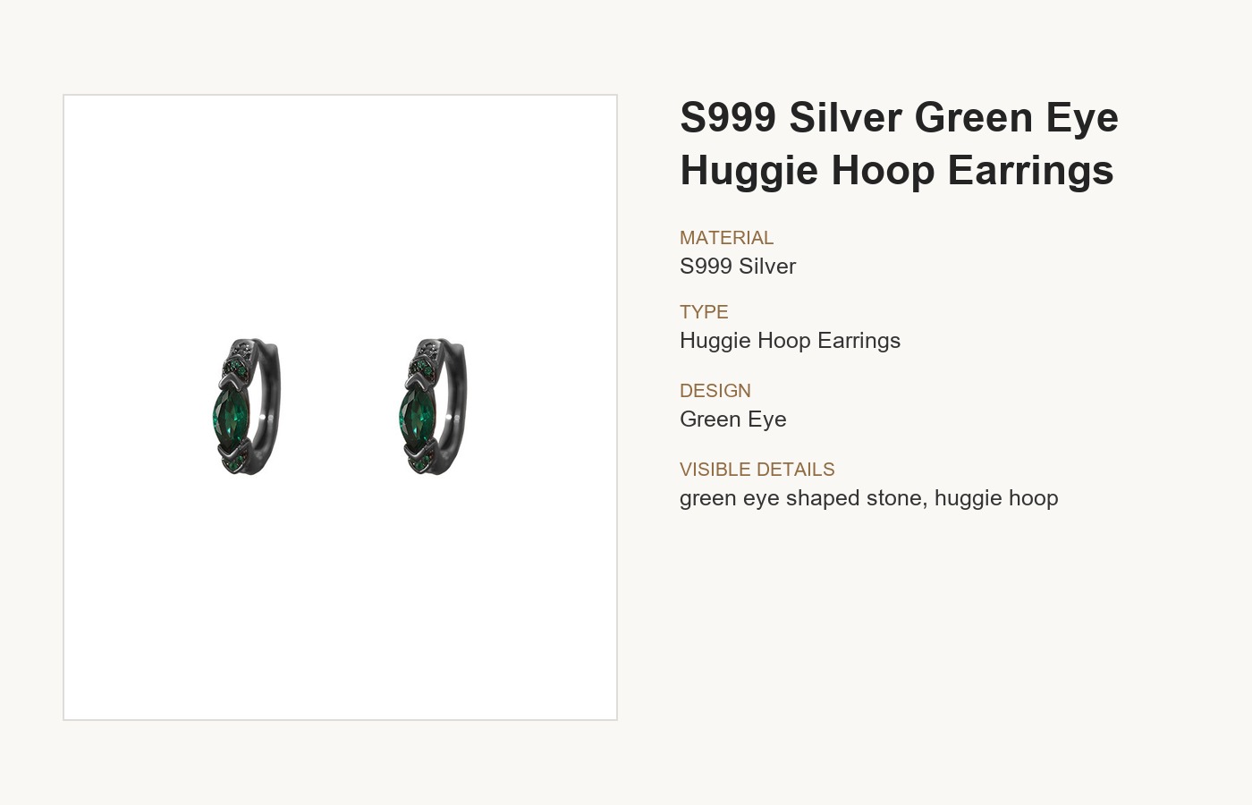S999 Silver Green Eye Huggie Hoop Earrings for Women detail image