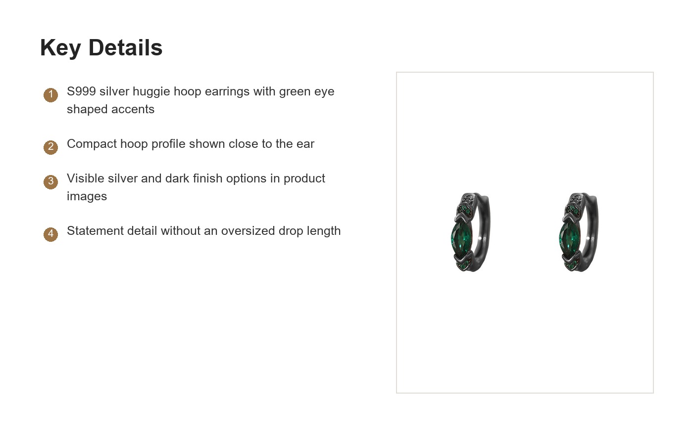 S999 Silver Green Eye Huggie Hoop Earrings for Women detail image