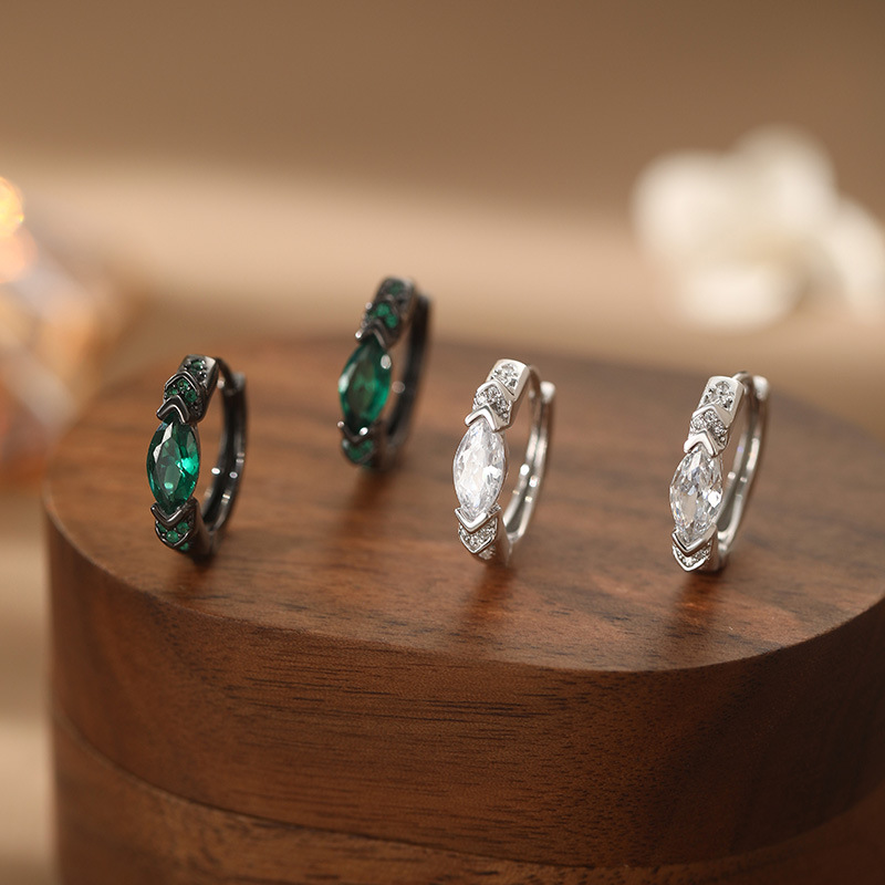 S999 Silver Green Eye Huggie Hoop Earrings for Women main product image 1