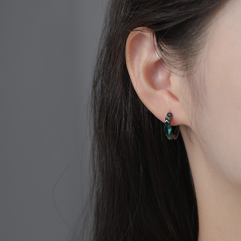 S999 Silver Green Eye Huggie Hoop Earrings for Women main product image 4