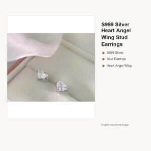 S999 Silver Heart Angel Wing Stud Earrings for Women gallery image 1