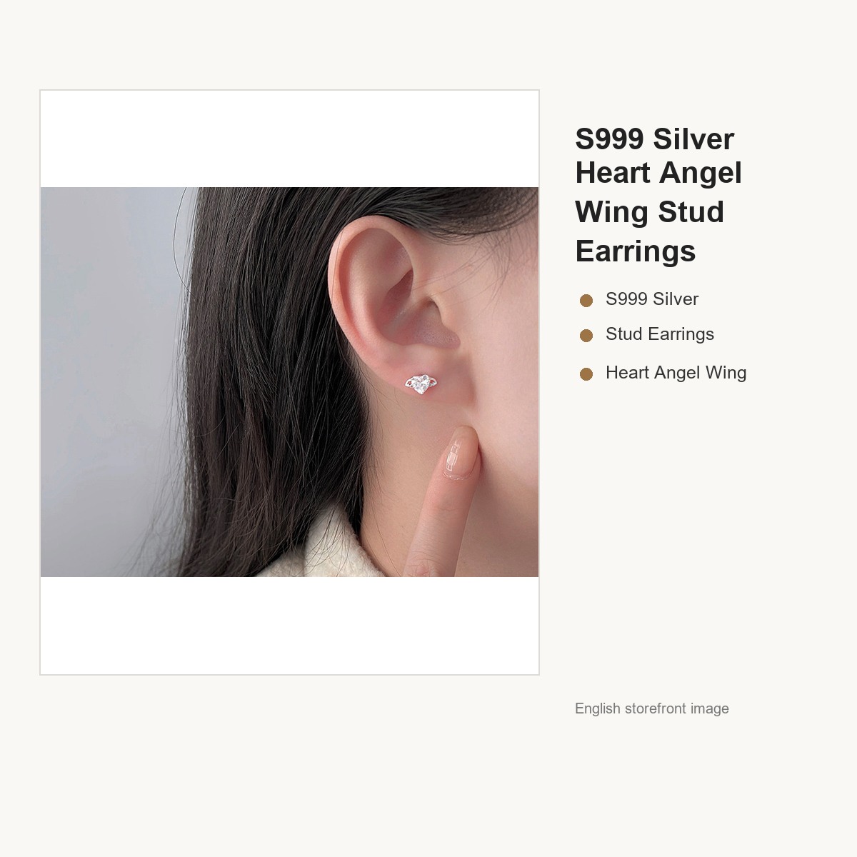 S999 Silver Heart Angel Wing Stud Earrings for Women gallery image 3