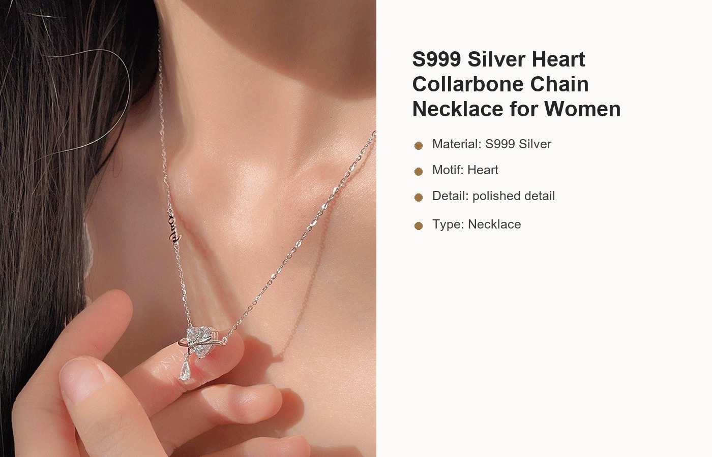 S999 Silver Heart Collarbone Chain Necklace for Women detail image