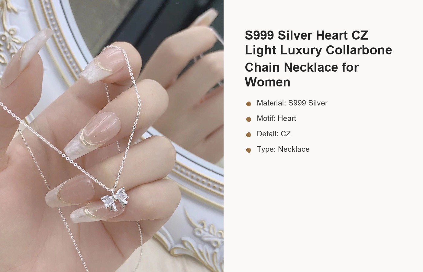 S999 Silver Heart CZ Light Luxury Collarbone Chain Necklace for Women detail image