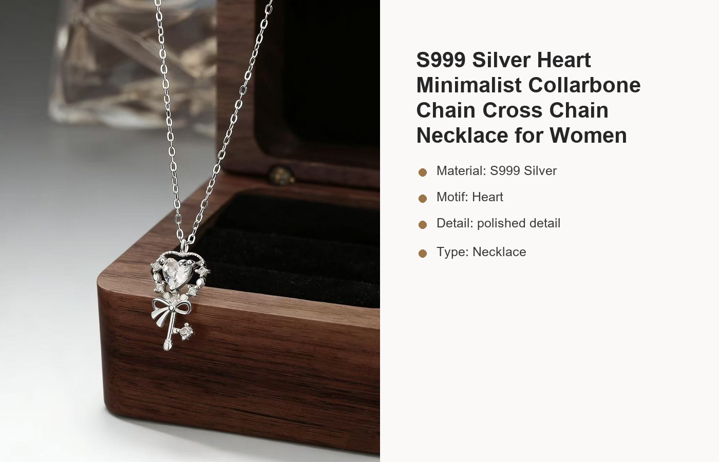 S999 Silver Heart Minimalist Collarbone Chain Cross Chain Necklace for Women detail image