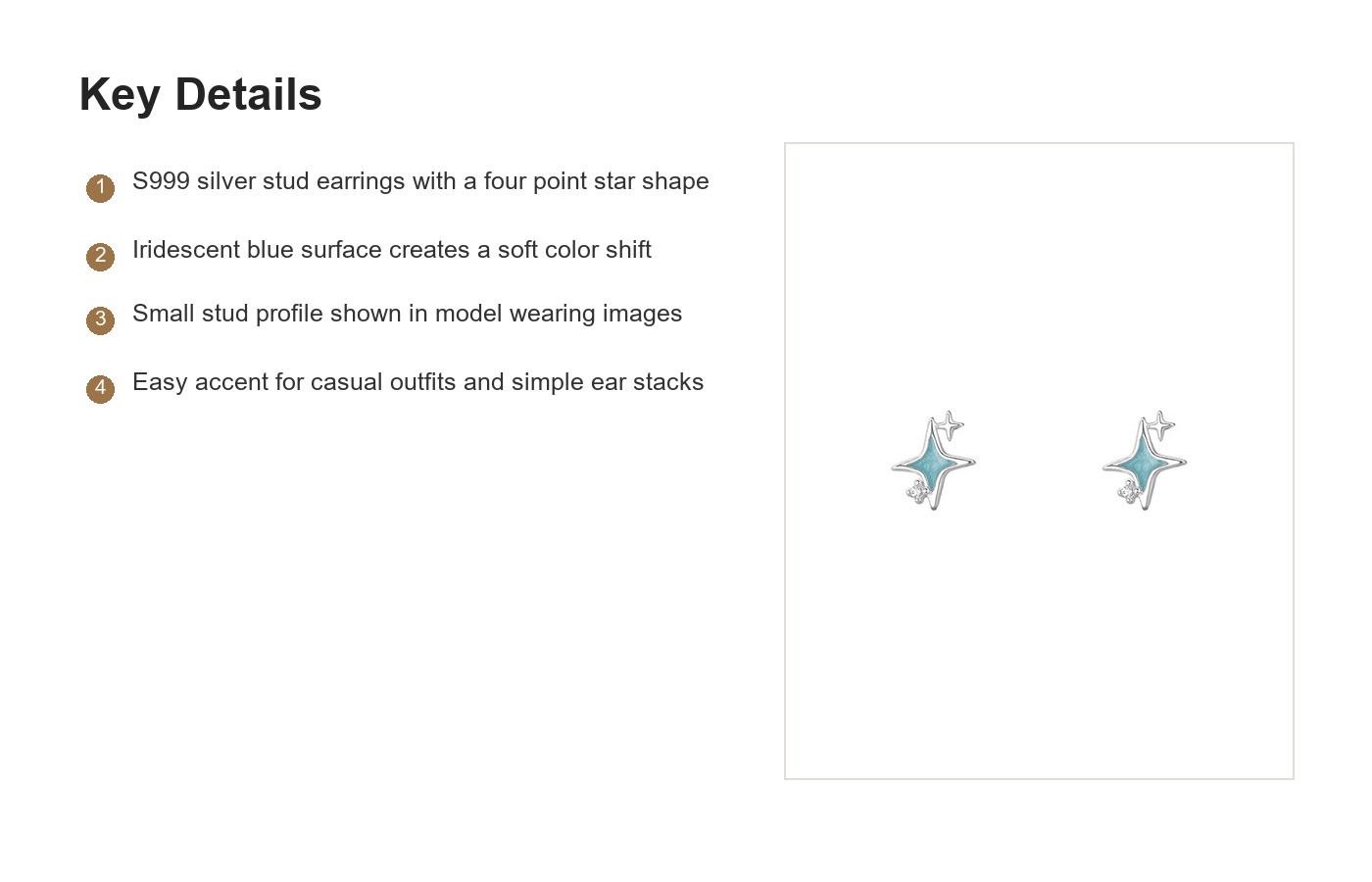 S999 Silver Iridescent Four Point Star Stud Earrings for Women detail image