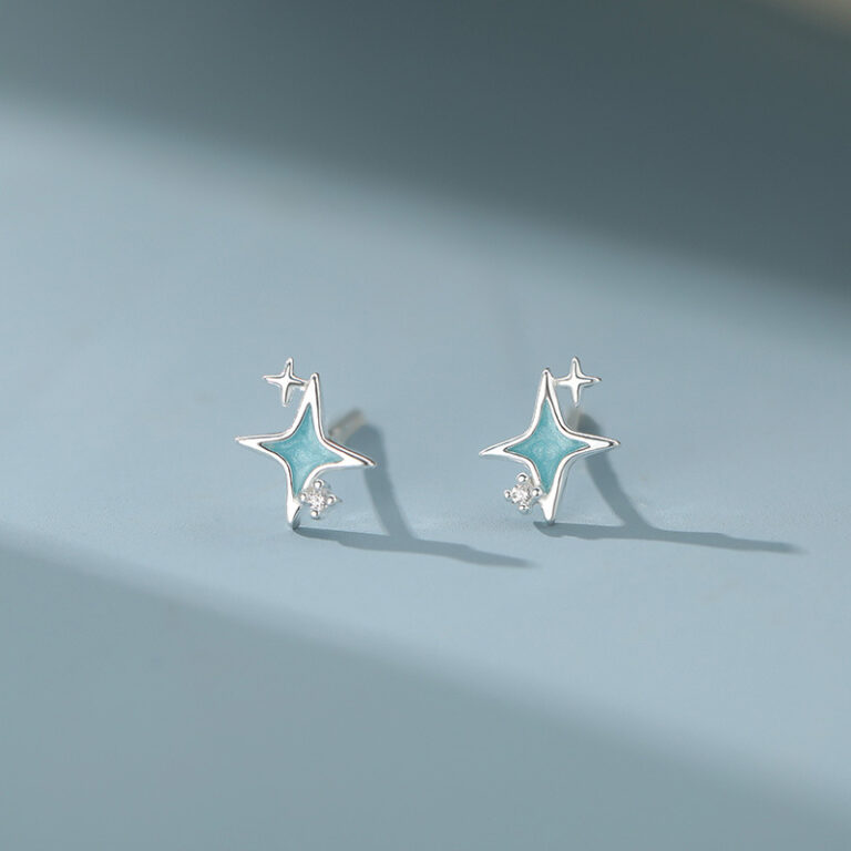S999 Silver Iridescent Four Point Star Stud Earrings for Women main product image 1