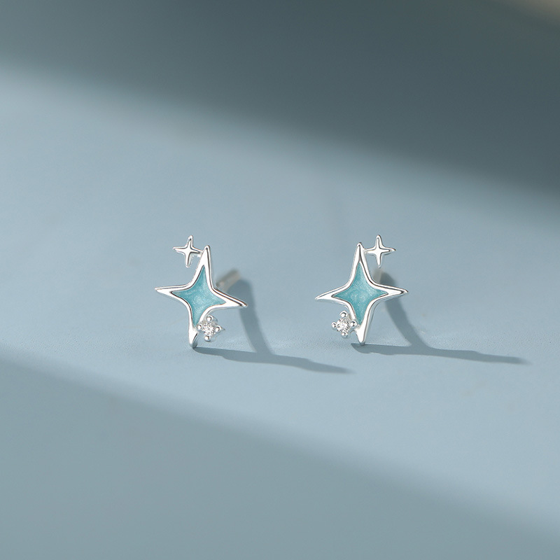 S999 Silver Iridescent Four Point Star Stud Earrings for Women main product image 1
