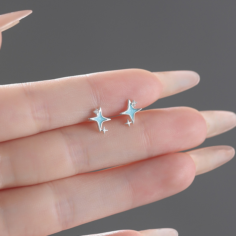S999 Silver Iridescent Four Point Star Stud Earrings for Women main product image 2