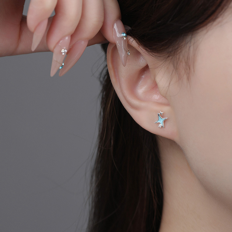 S999 Silver Iridescent Four Point Star Stud Earrings for Women main product image 3