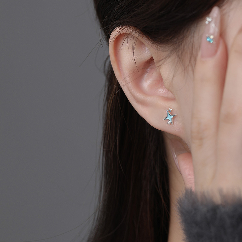 S999 Silver Iridescent Four Point Star Stud Earrings for Women main product image 4