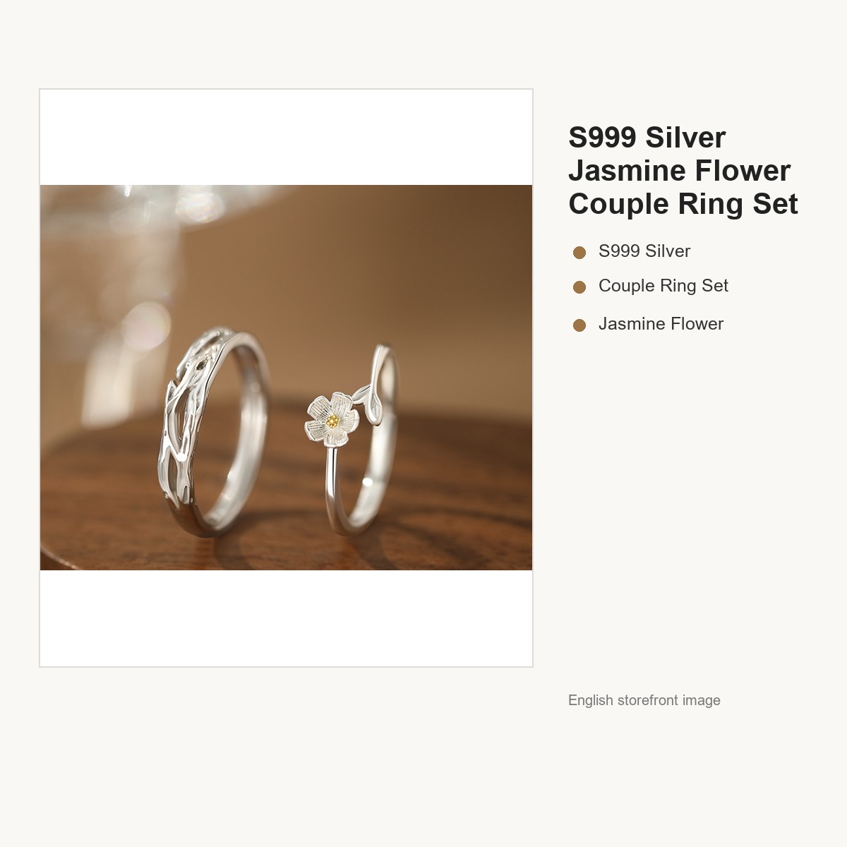 S999 Silver Jasmine Flower Couple Ring Set gallery image 2