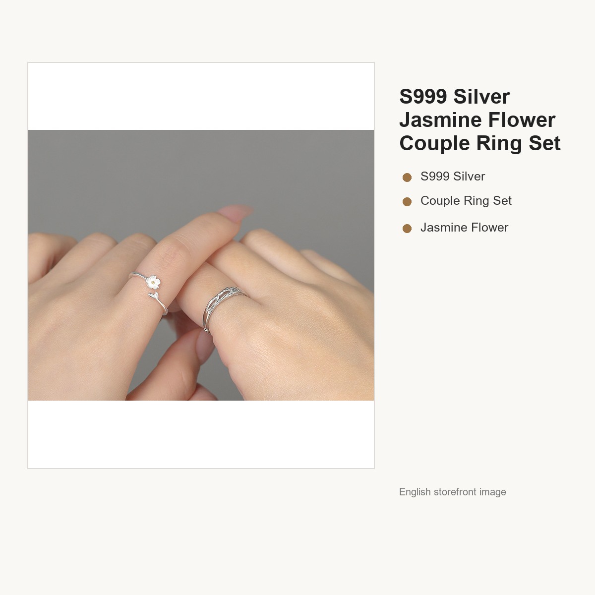 S999 Silver Jasmine Flower Couple Ring Set gallery image 3
