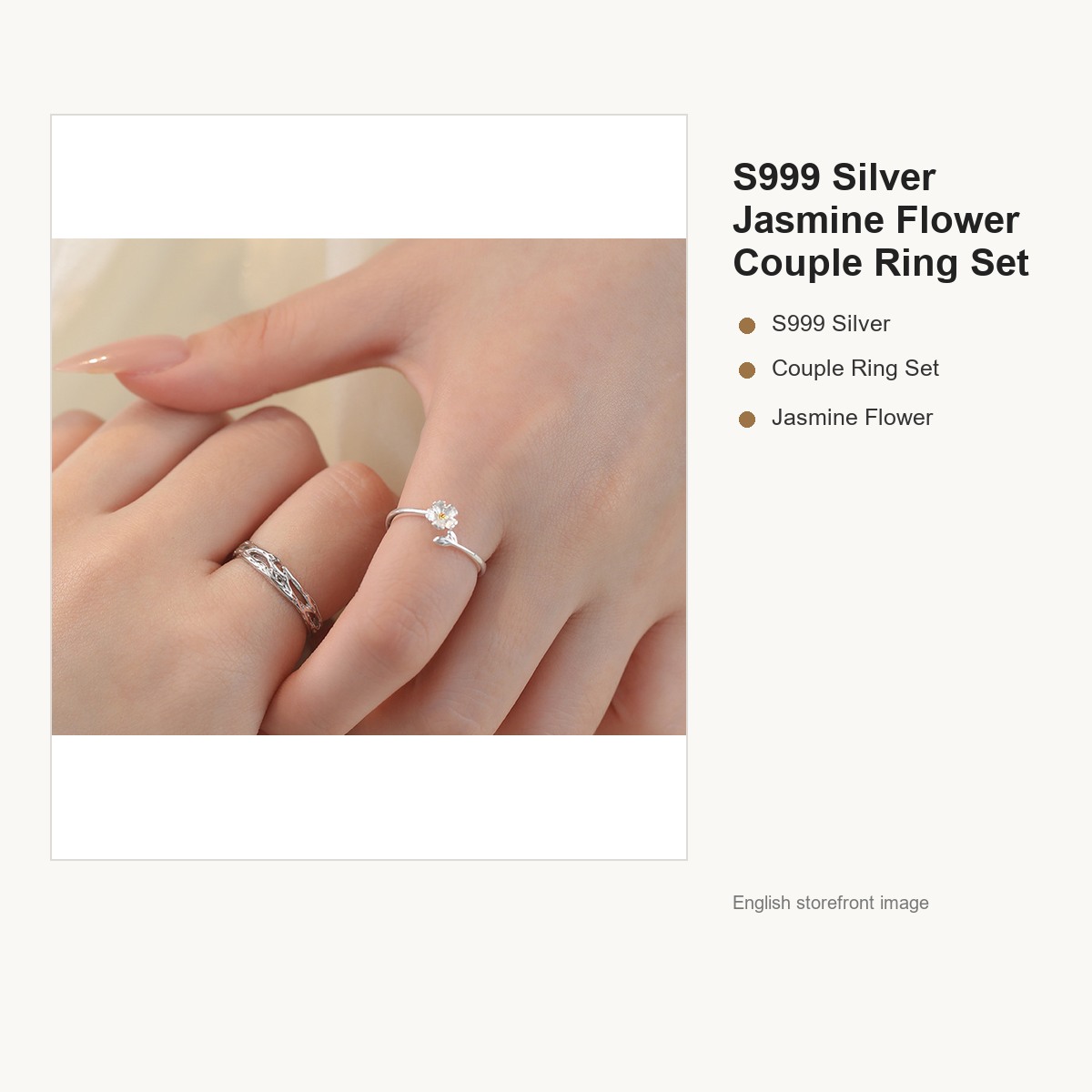 S999 Silver Jasmine Flower Couple Ring Set gallery image 4