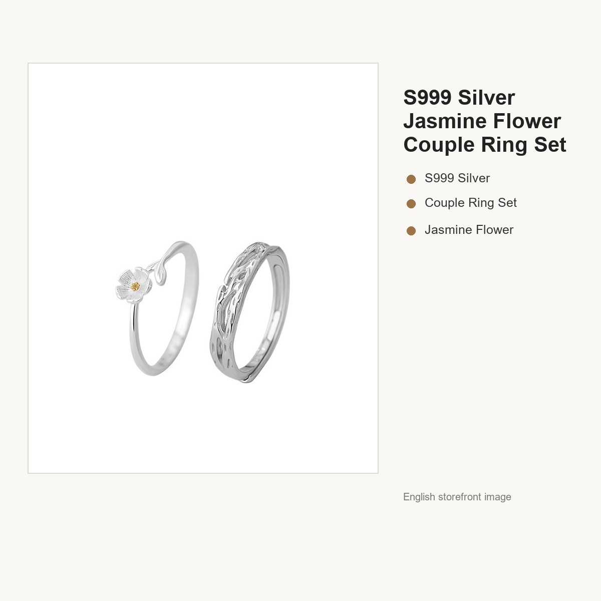 S999 Silver Jasmine Flower Couple Ring Set gallery image 5