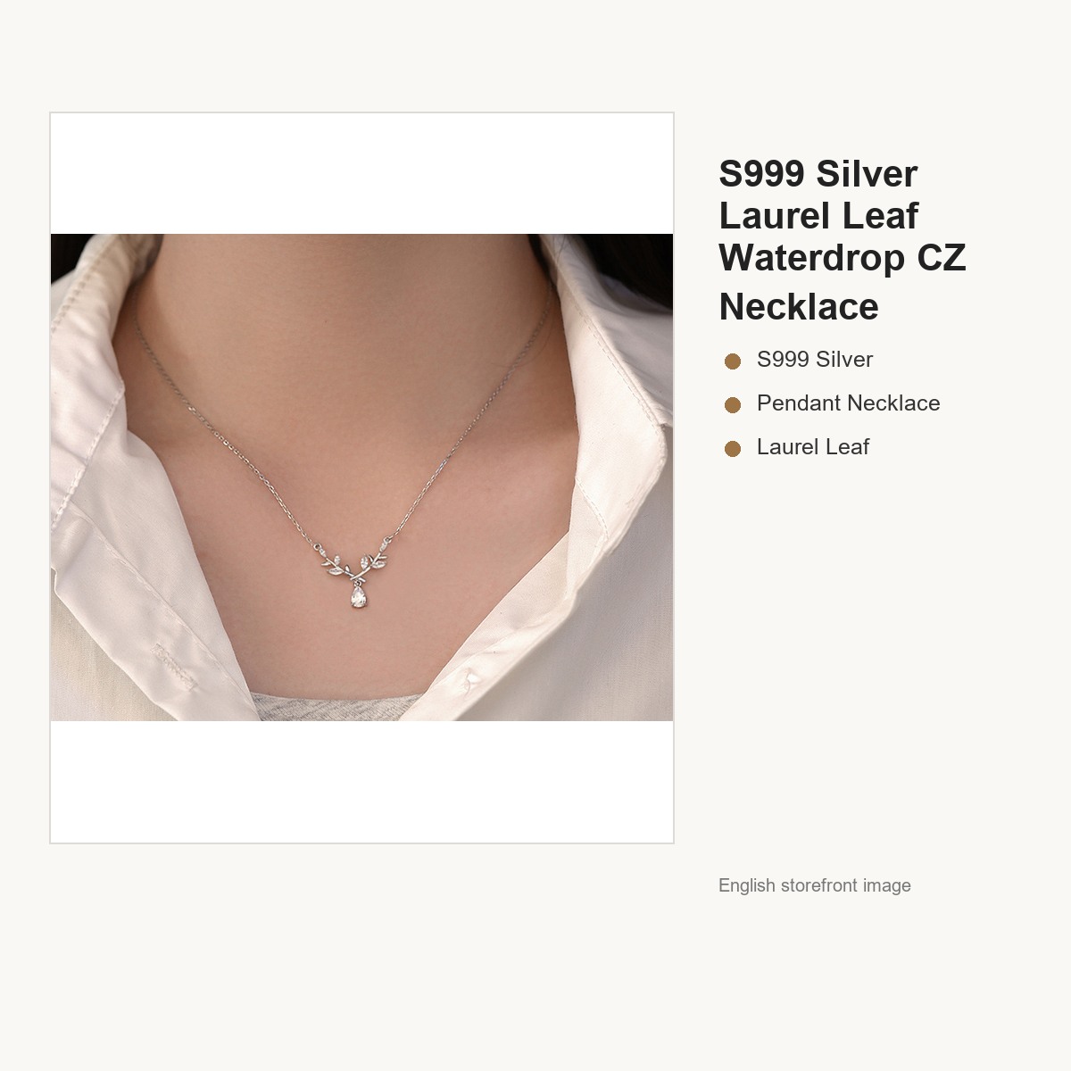 S999 Silver Laurel Leaf Waterdrop CZ Necklace for Women gallery image 4