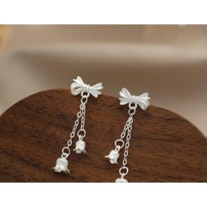 S999 Silver Lily of the Valley Bow Butterfly Stud Earrings for Women clean product image 1